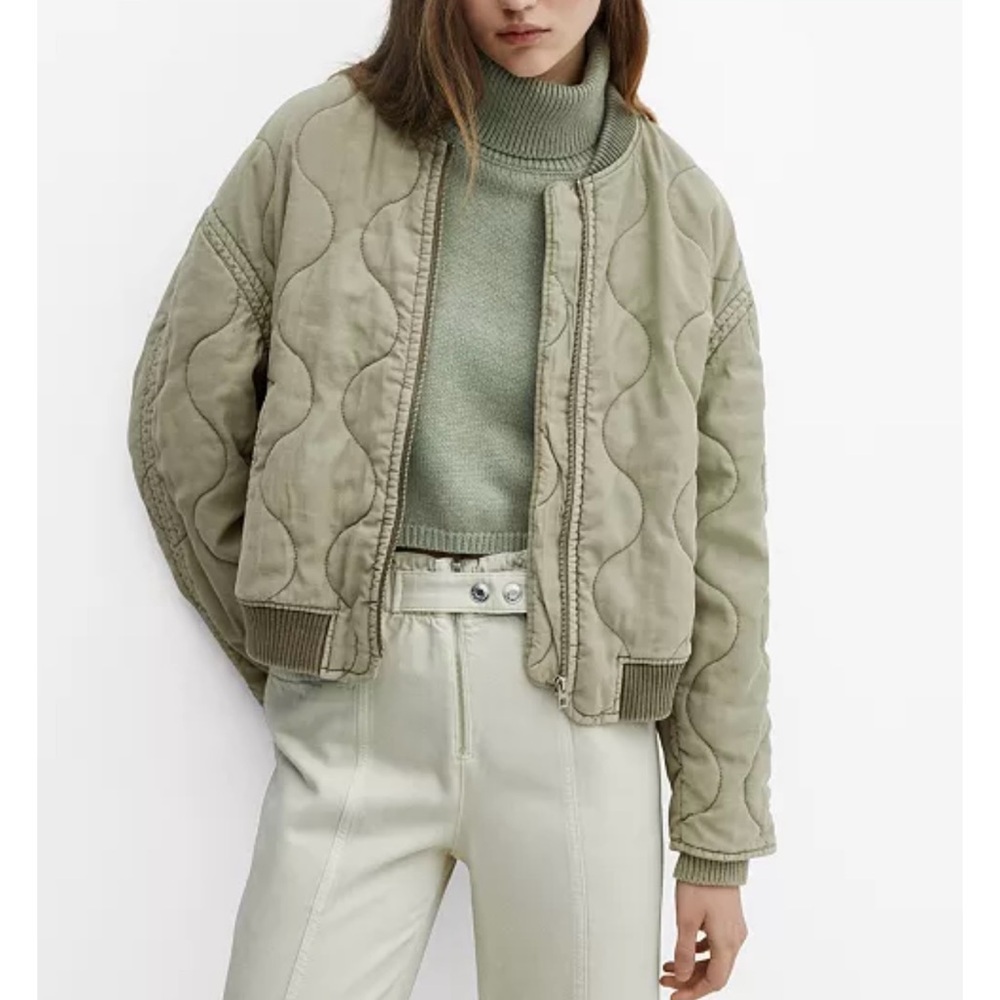 Mango Women's Quilted Bomber Jacket in Olive Green